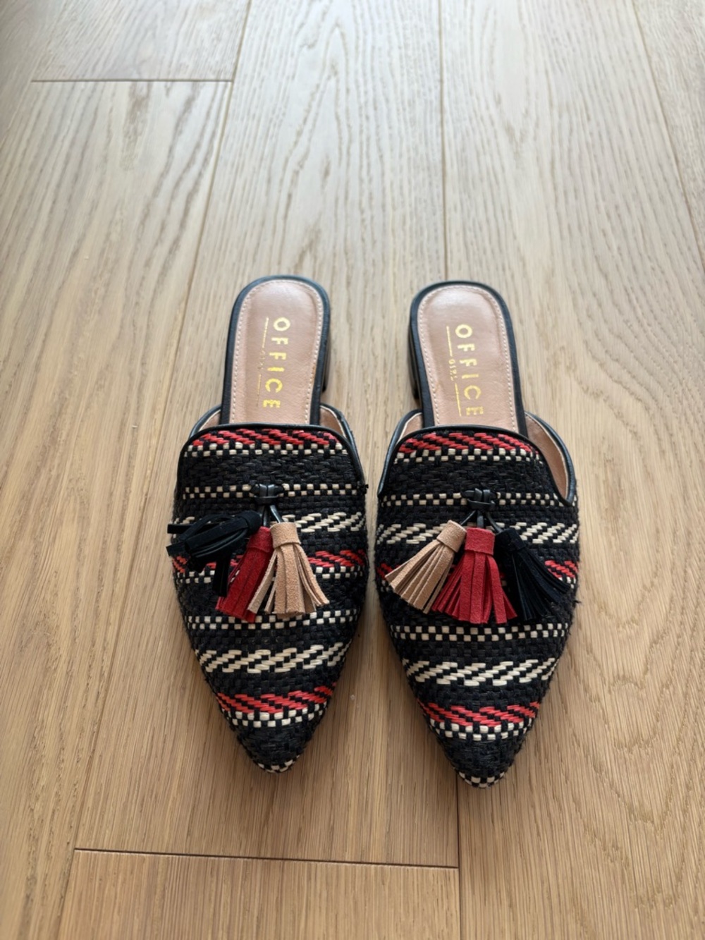 Office London Black Woven Pointed Mules with Red and Tan Tassels